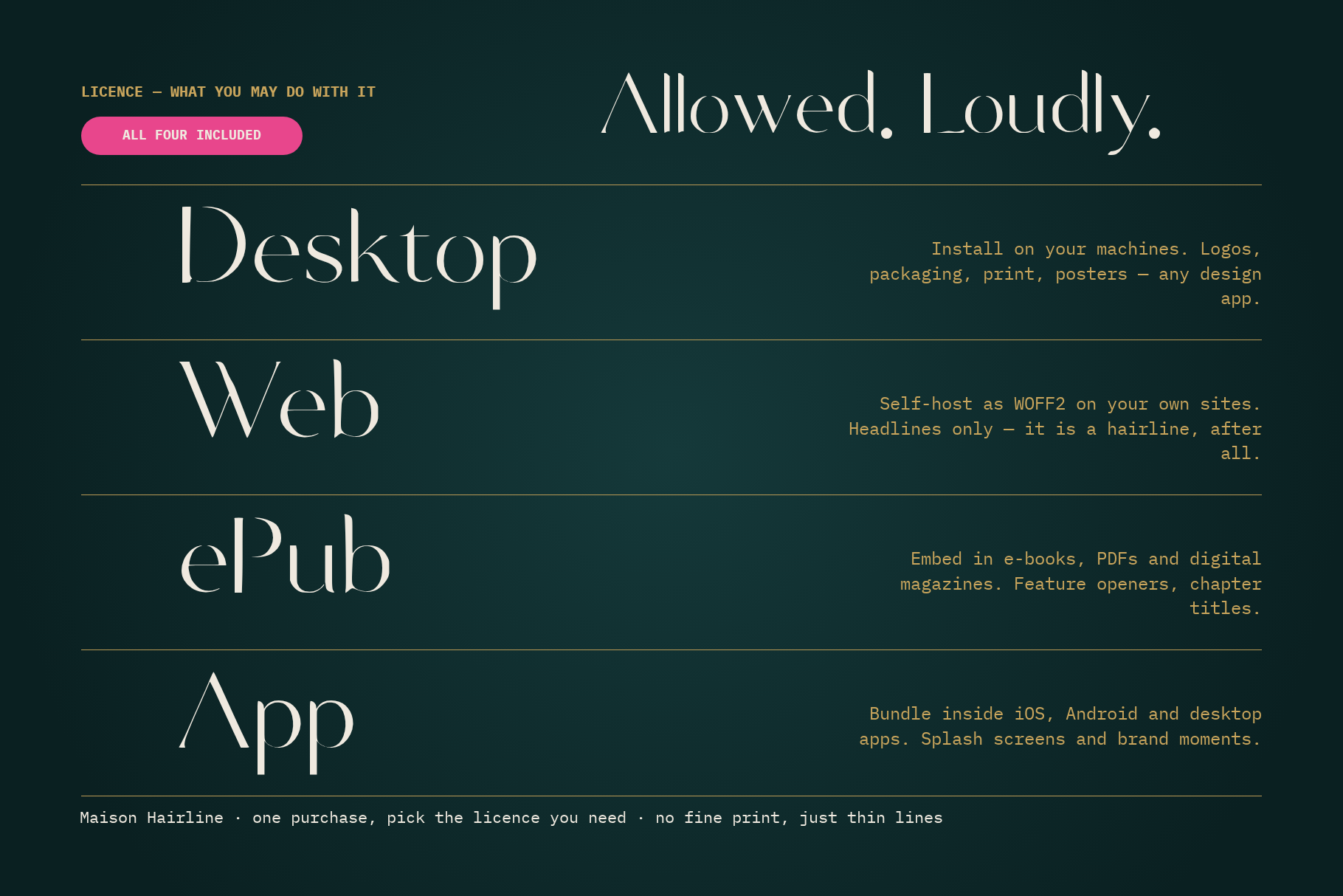 Maison Hairline licences card listing Desktop, Web, ePub and App in large thin letters on dark teal