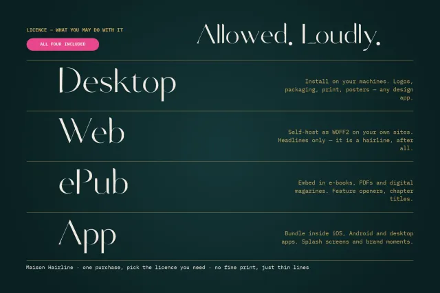 Maison Hairline licences card listing Desktop, Web, ePub and App in large thin letters on dark teal