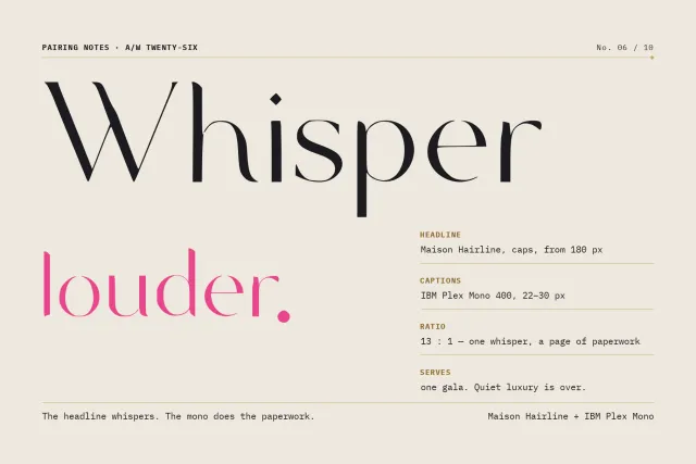 Maison Hairline pairing card with Whisper in black and louder in pink beside a monospaced caption column