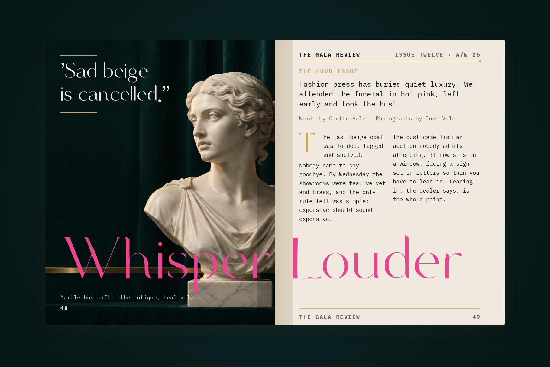 Maison Hairline magazine spread with a marble bust and Whisper Louder in pink across both pages