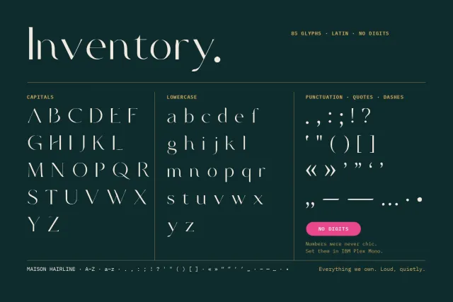 Maison Hairline character set titled Inventory with capitals, lowercase and punctuation, marked no digits