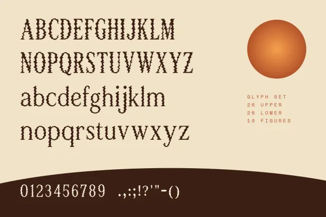 Desert Mirage glyph set: wavy capitals, lowercase, figures and punctuation in dark brown on sand with a sun disc