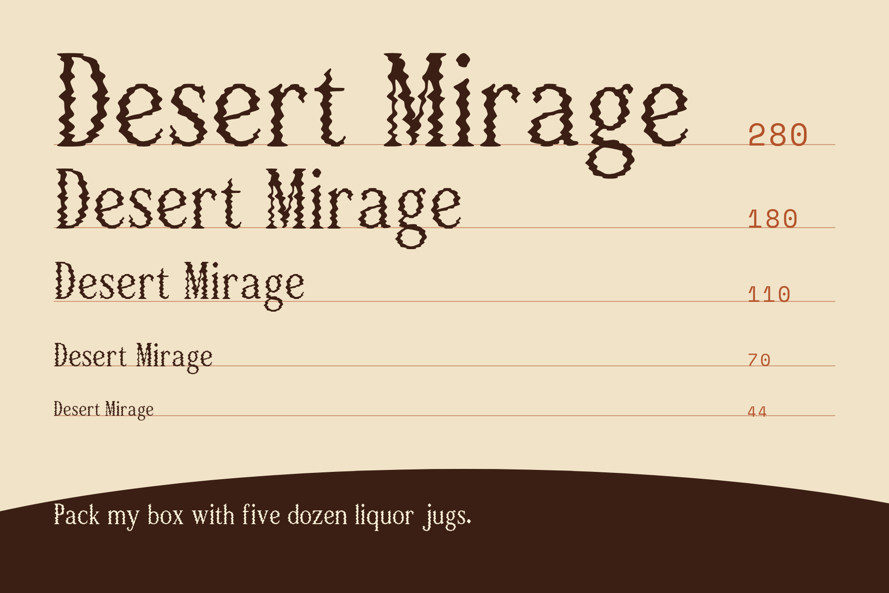 Desert Mirage size ladder from 280 down to 44, showing the wavy stem edges at each size on a sand background