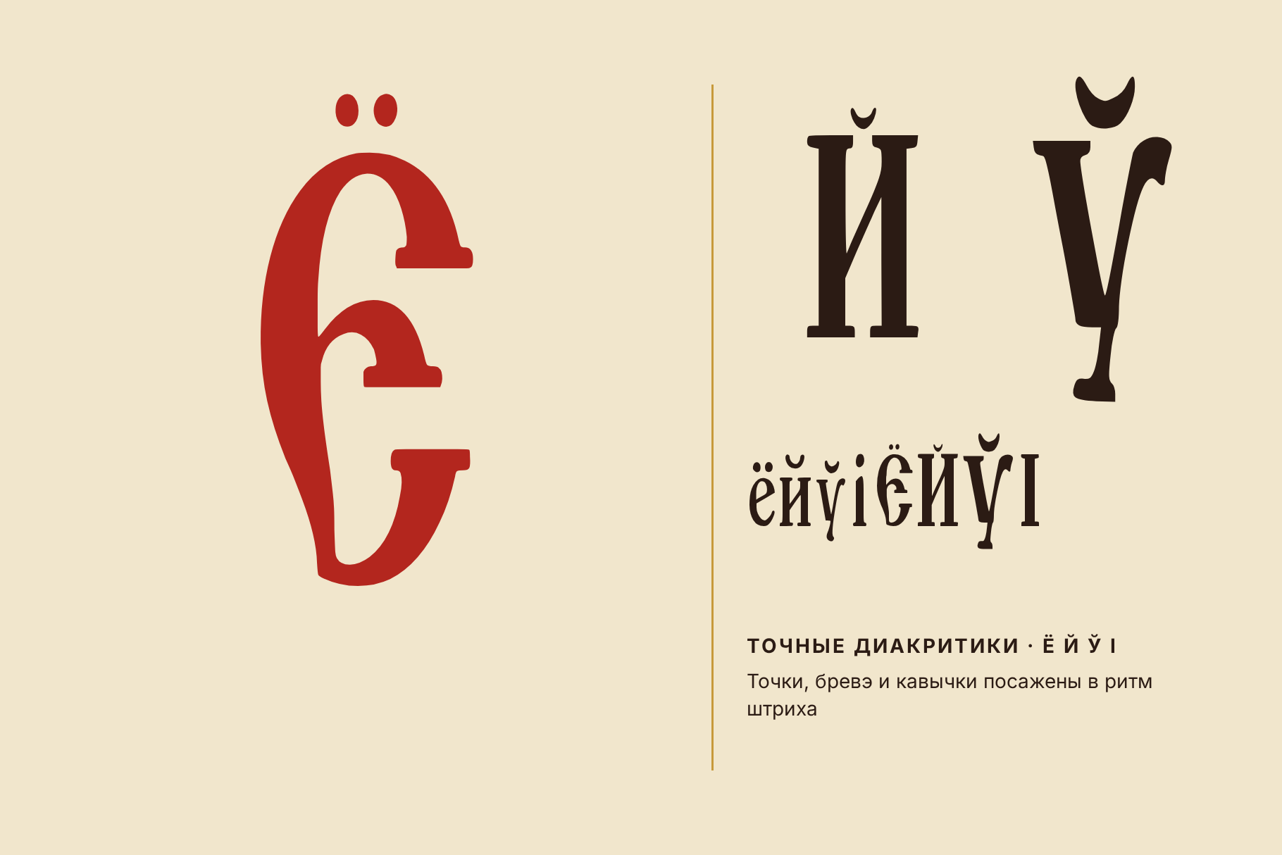 Шрифт Old Rus Script отблизо: червено Ё до Й и Ў, личи как са поставени точките и дъгите
