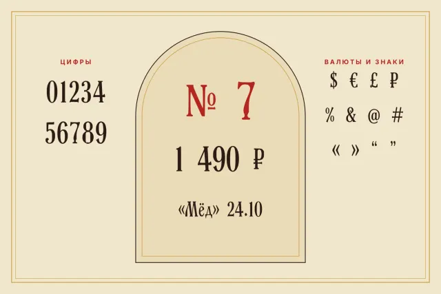 Шрифт Old Rus Script: цифри, № 7, цена 1 490 ₽ и дата в арковидна рамка, до тях знаци за валути