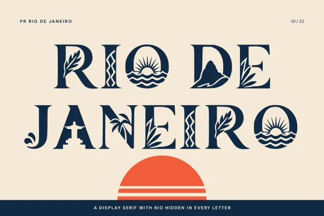 Pr Rio de Janeiro cover with RIO DE JANEIRO in navy serif letters hiding palms, waves and a mountain over an orange sun