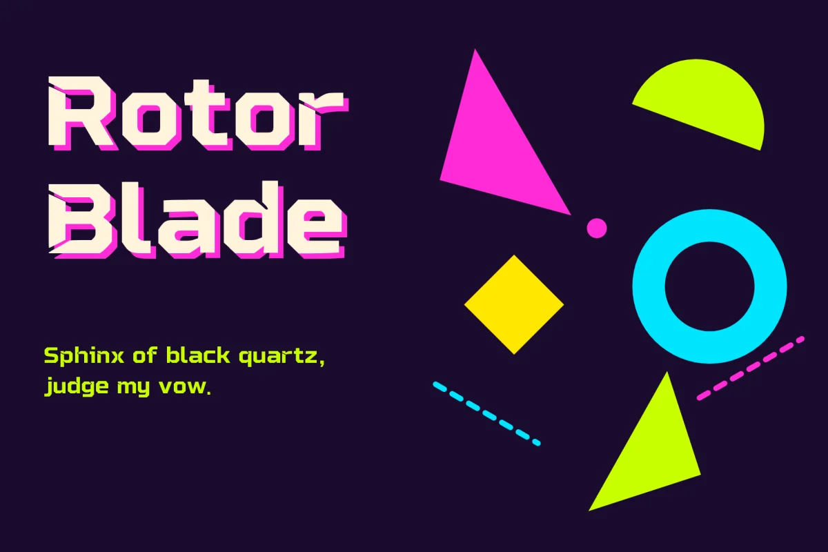 Rotor Blade title with a pink offset shadow on dark navy among neon Memphis triangles and a cyan ring