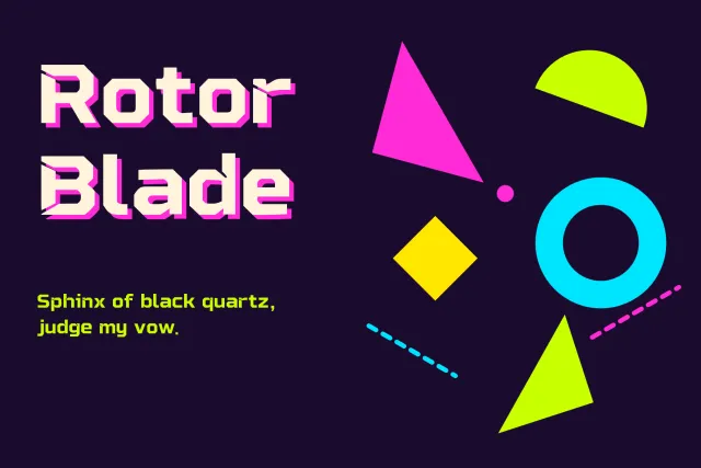 Rotor Blade title with a pink offset shadow on dark navy among neon Memphis triangles and a cyan ring