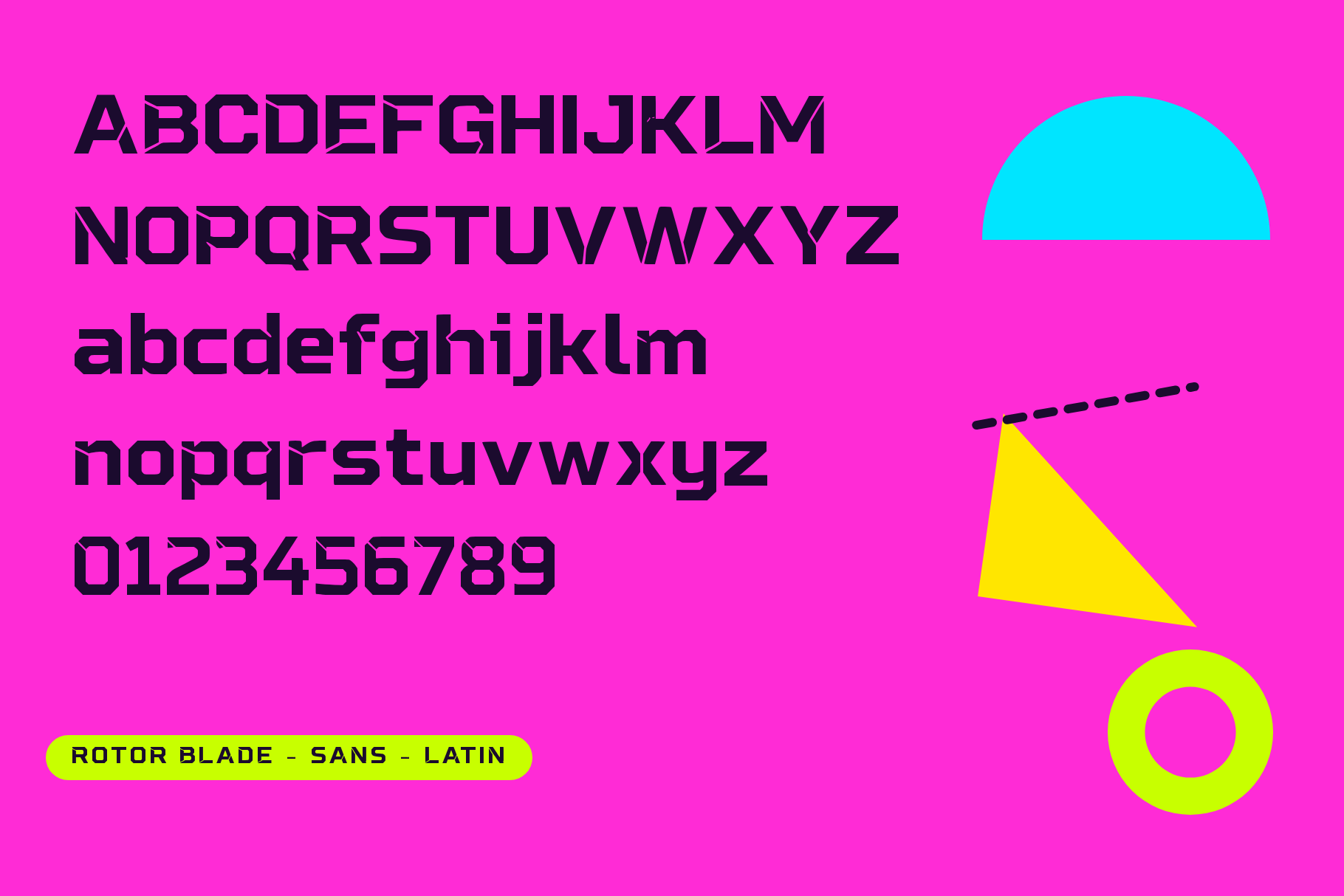 Rotor Blade full alphabet, capitals, lowercase and numerals in dark navy on magenta with shapes
