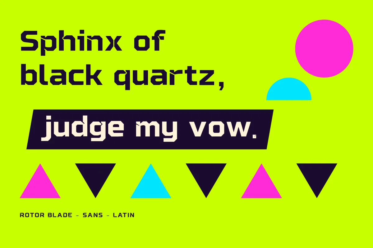 Rotor Blade pangram on lime green, the last line reversed on a navy band, triangles below