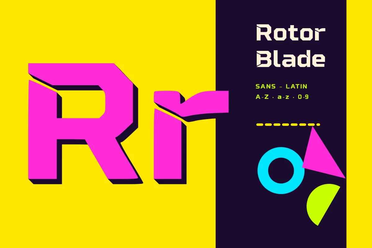 Rotor Blade glyph card with a giant pink Rr in 3D shadow on yellow, showing the diagonal blade cuts