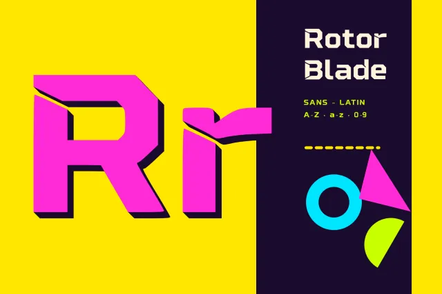 Rotor Blade glyph card with a giant pink Rr in 3D shadow on yellow, showing the diagonal blade cuts