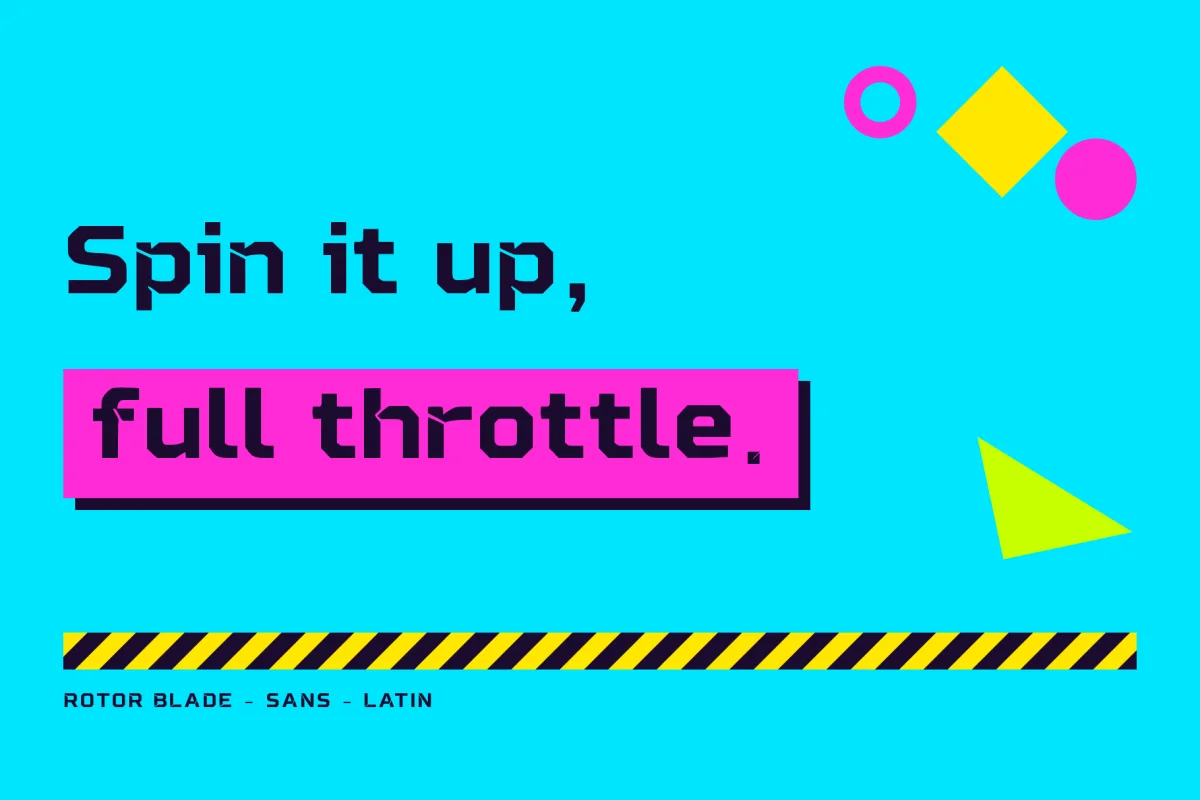 Rotor Blade slogan Spin it up, full throttle on cyan with a pink highlight bar and hazard stripes