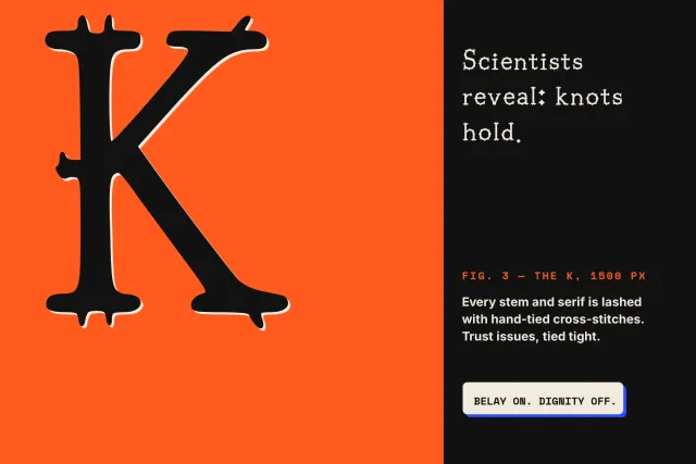 Belay Knot giant letter K in black with cream outline beside a dark panel of sample text