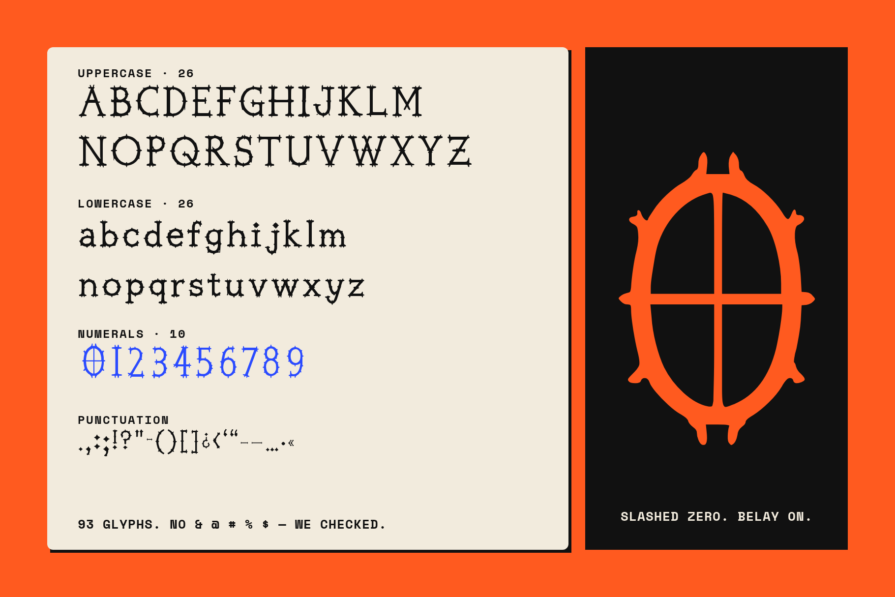 Belay Knot character set: uppercase, lowercase, numerals and punctuation, plus the slashed zero