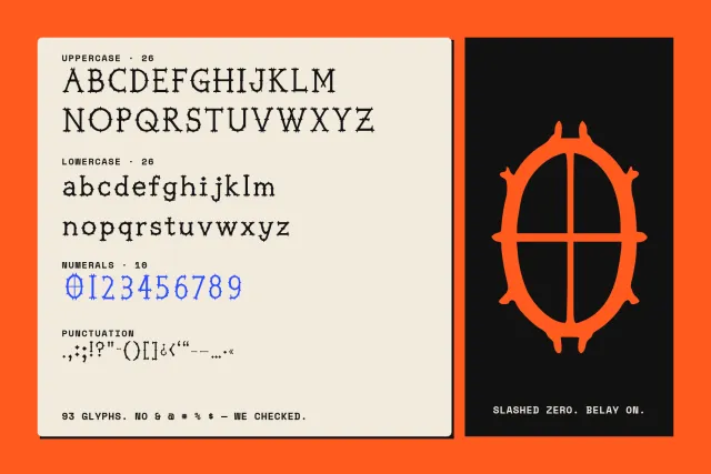 Belay Knot character set: uppercase, lowercase, numerals and punctuation, plus the slashed zero