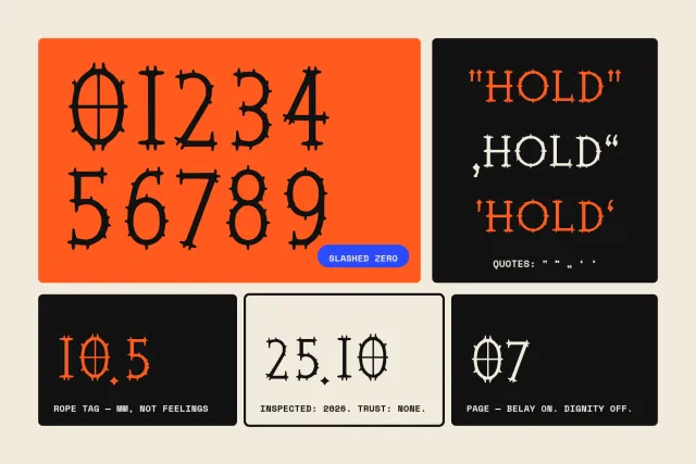 Belay Knot numerals 0 to 9 with slashed zero, quote marks and tag-style number samples