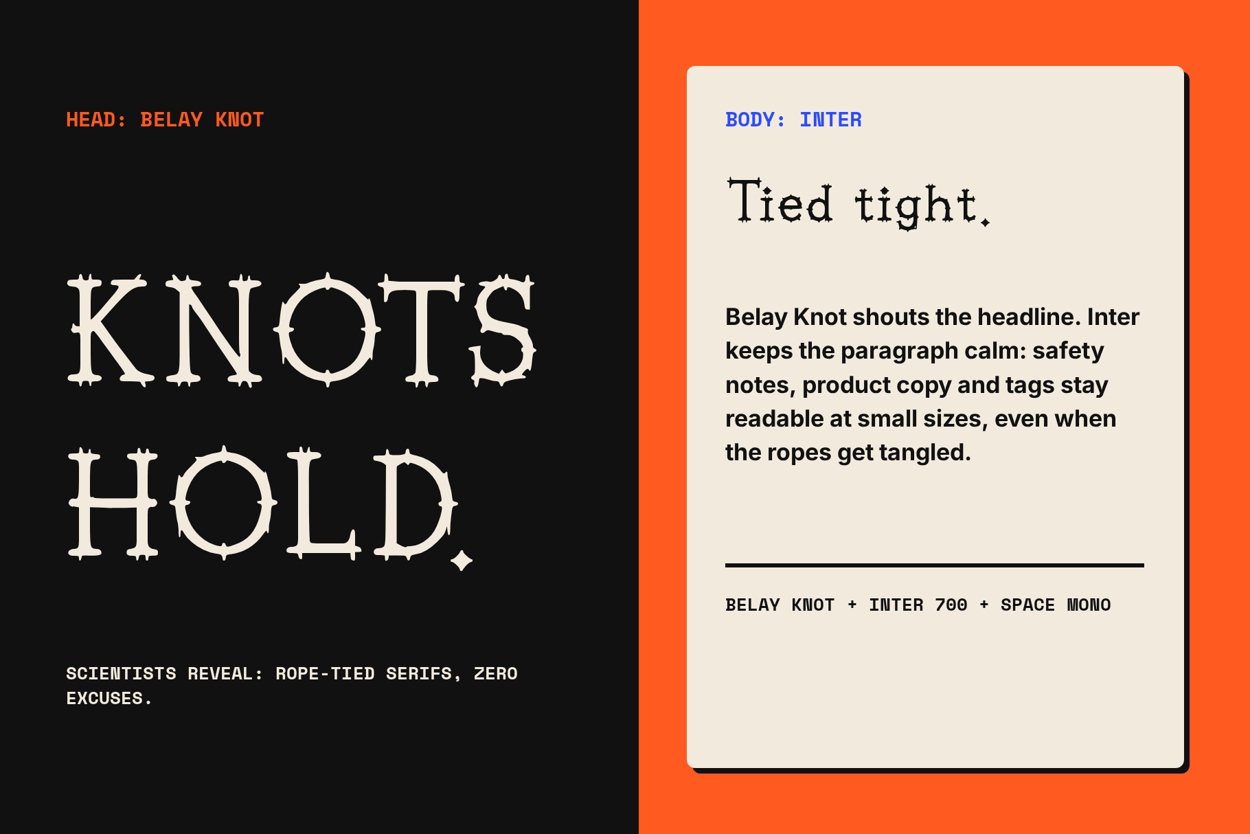 Belay Knot headline KNOTS HOLD paired with Inter body text on dark and cream panels