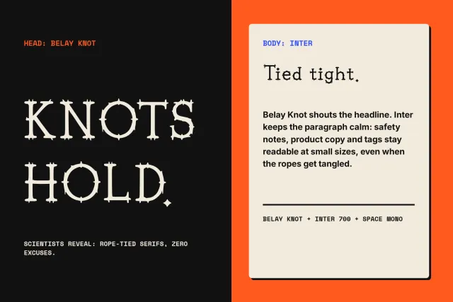 Belay Knot headline KNOTS HOLD paired with Inter body text on dark and cream panels