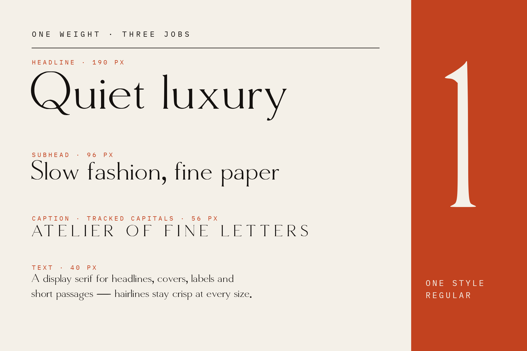 Molar Forge Regular style shown at headline, subhead, tracked capitals and text sizes on cream