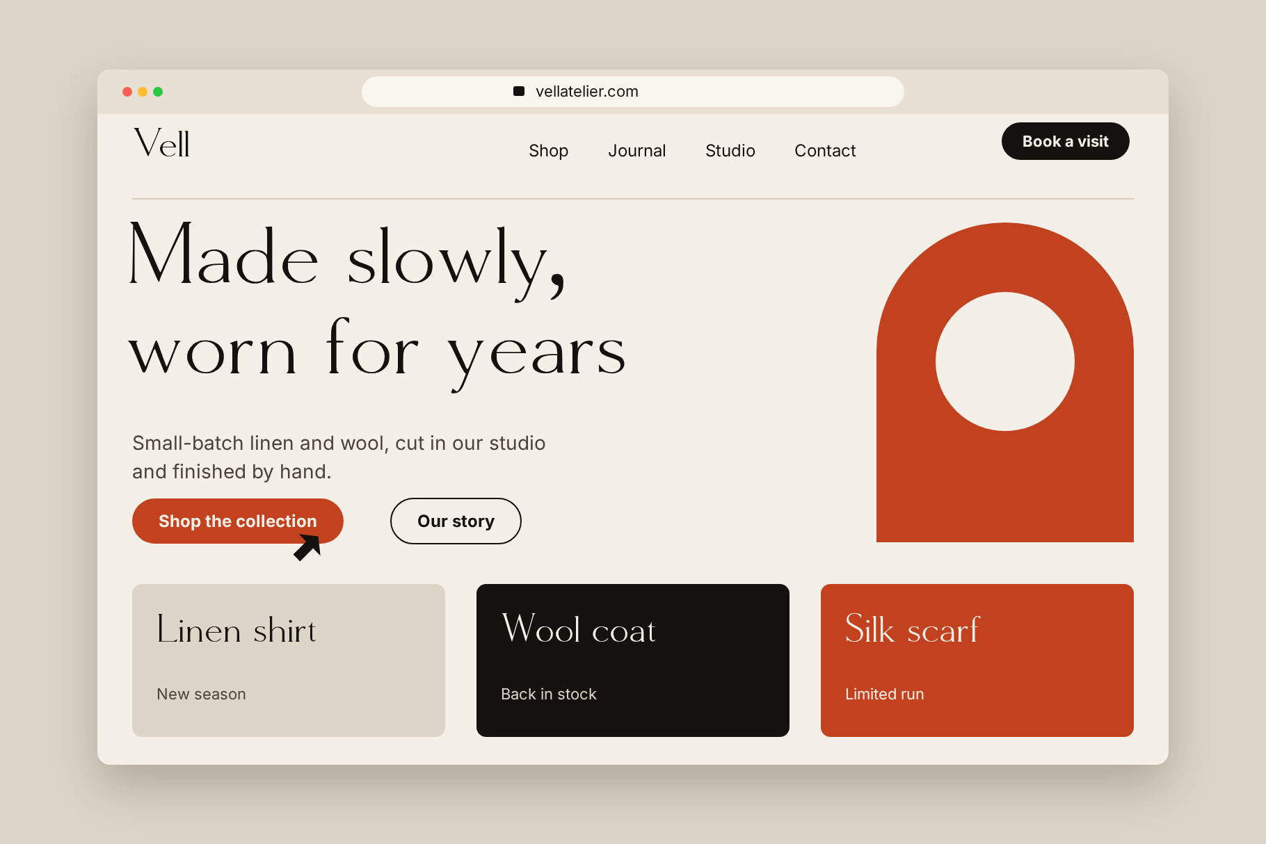 Molar Forge on a fashion atelier website in a browser with the headline Made slowly, worn for years