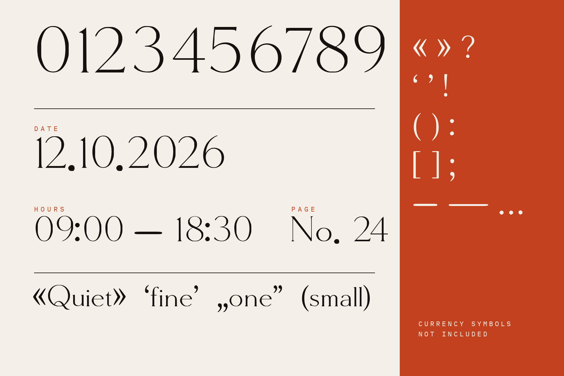 Molar Forge figures 0 to 9 with a date, opening hours, No. 24, quotation marks, brackets and dashes
