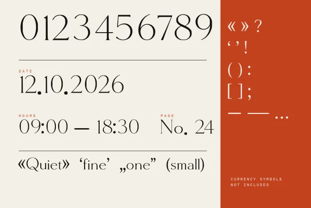 Molar Forge figures 0 to 9 with a date, opening hours, No. 24, quotation marks, brackets and dashes