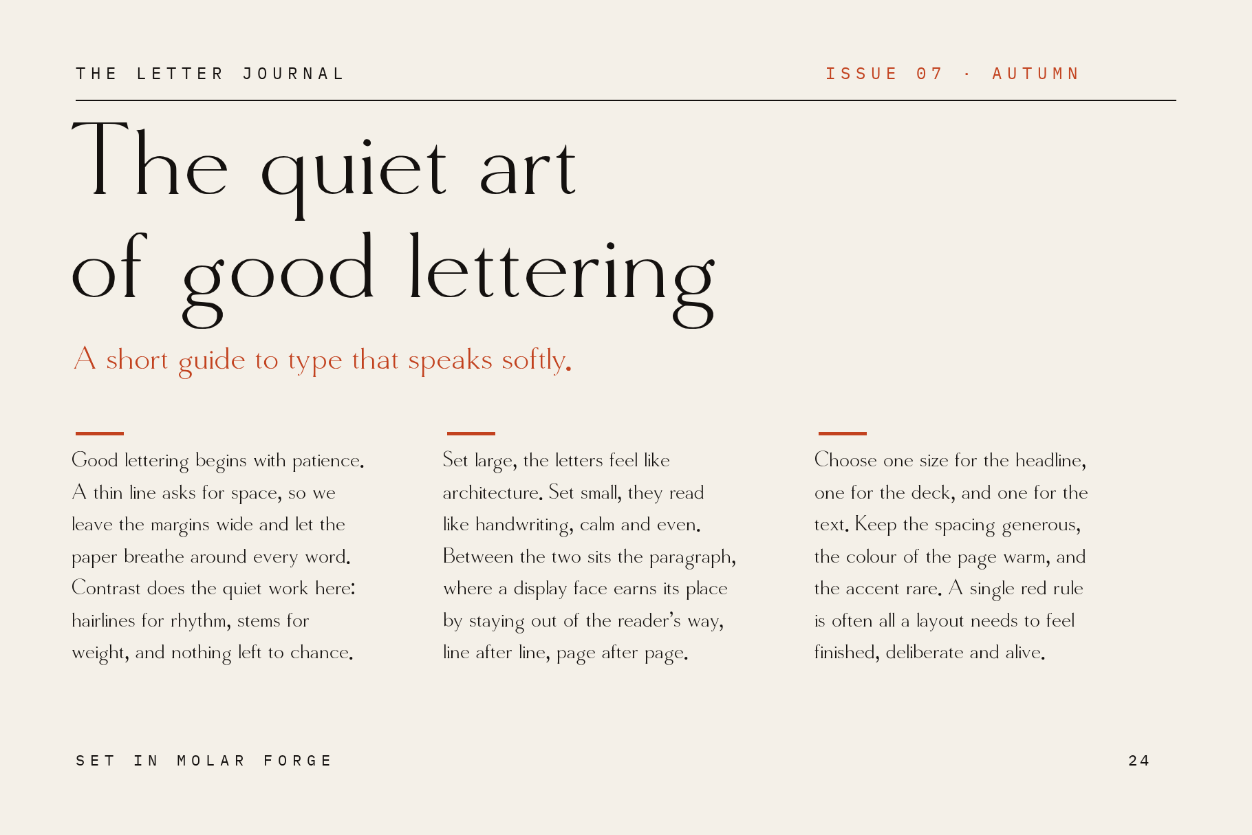 Molar Forge magazine spread The quiet art of good lettering set in three narrow text columns