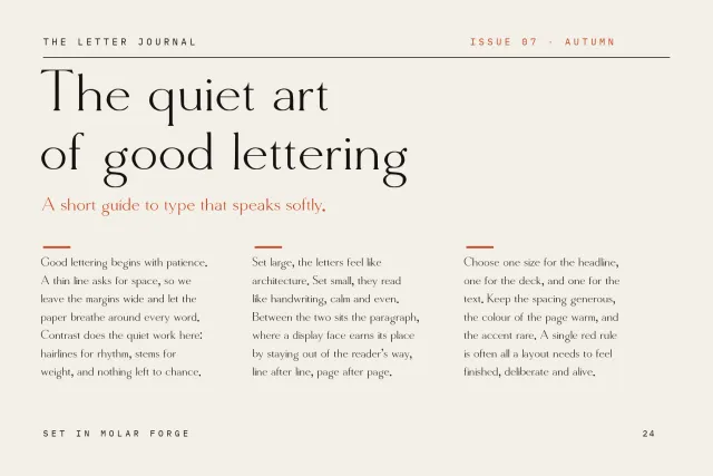 Molar Forge magazine spread The quiet art of good lettering set in three narrow text columns