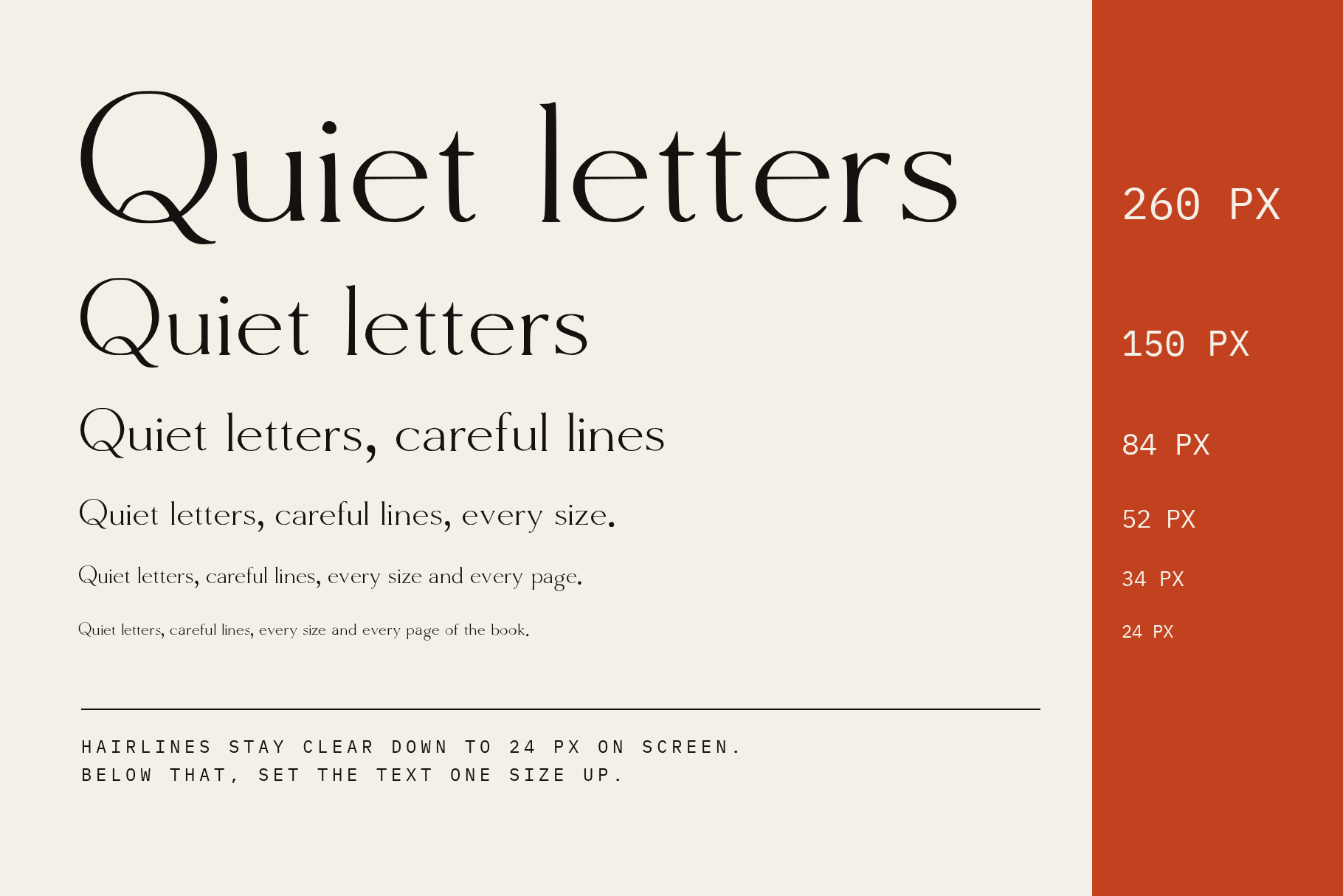 Molar Forge size ladder repeating the line Quiet letters from 260 px down to 24 px on cream