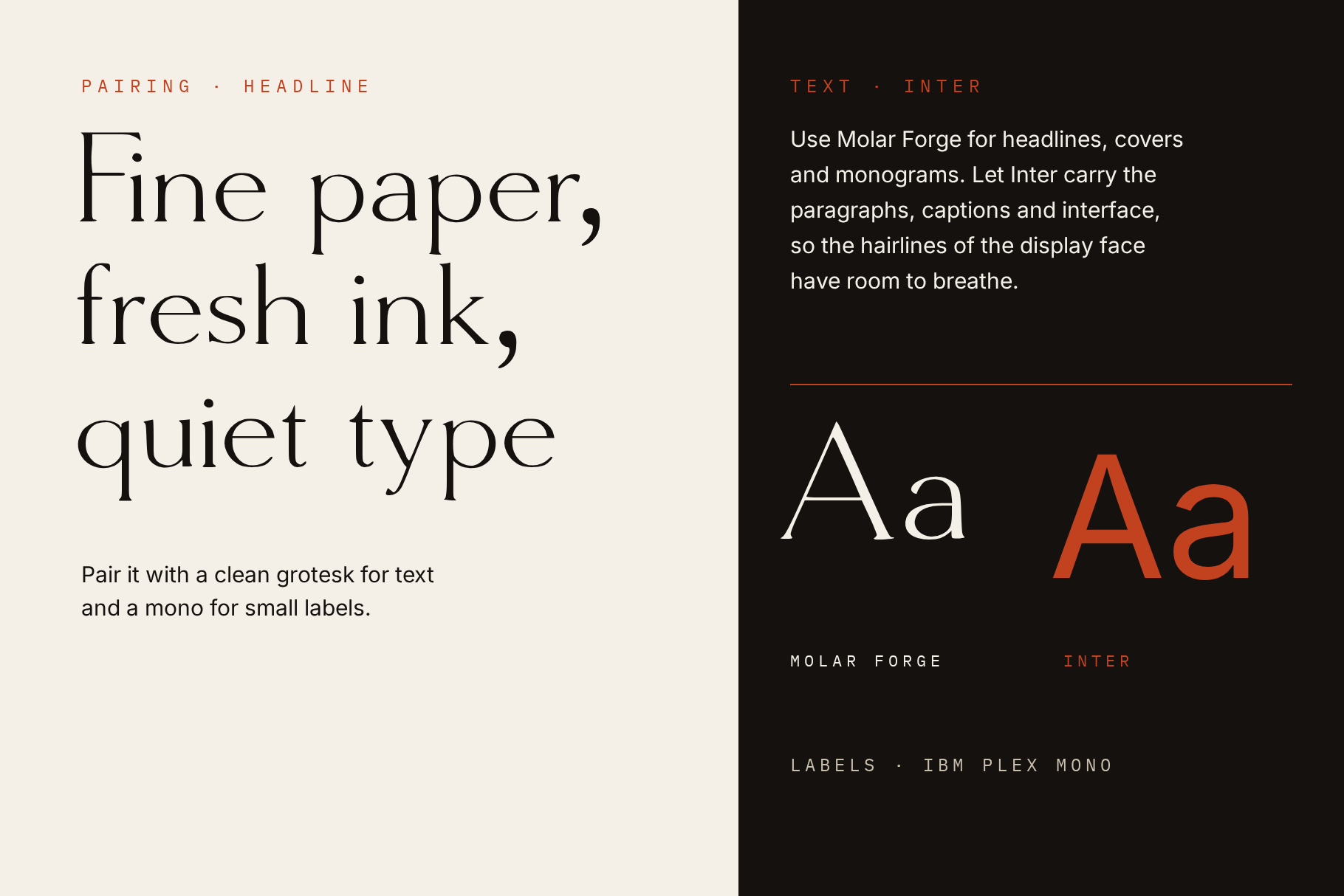 Molar Forge headline Fine paper, fresh ink, quiet type paired with a grotesk for body text