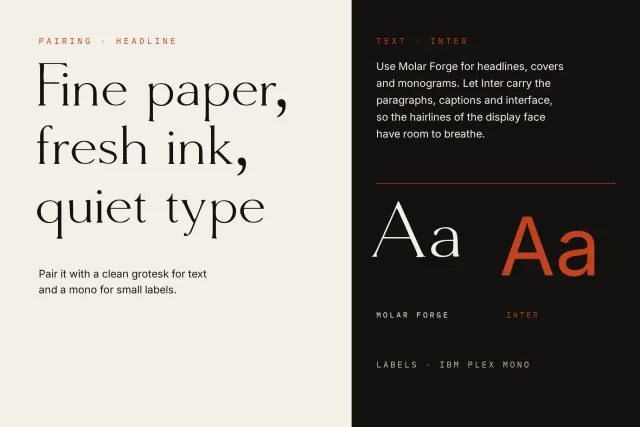 Molar Forge headline Fine paper, fresh ink, quiet type paired with a grotesk for body text