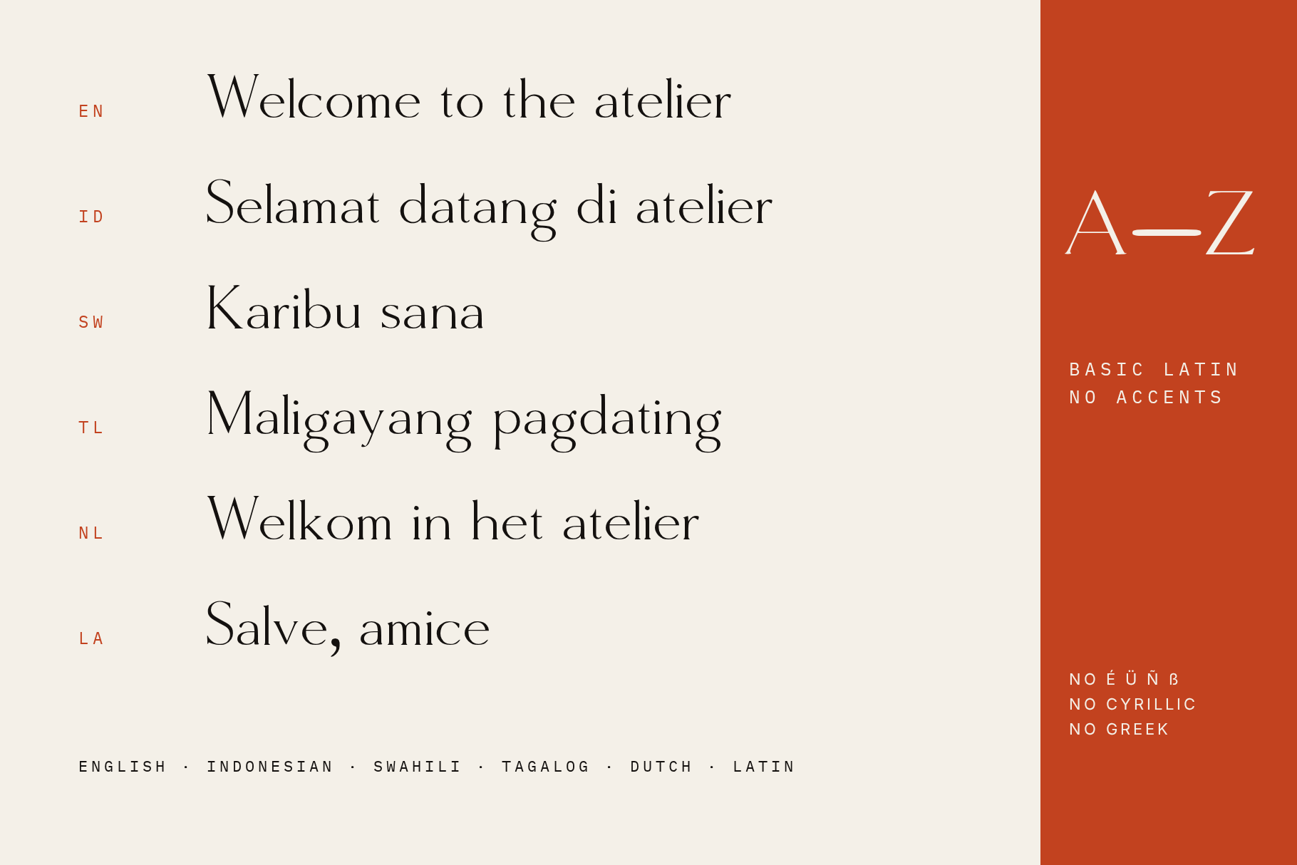 Molar Forge language card with greetings in English, Indonesian, Swahili, Tagalog, Dutch and Latin