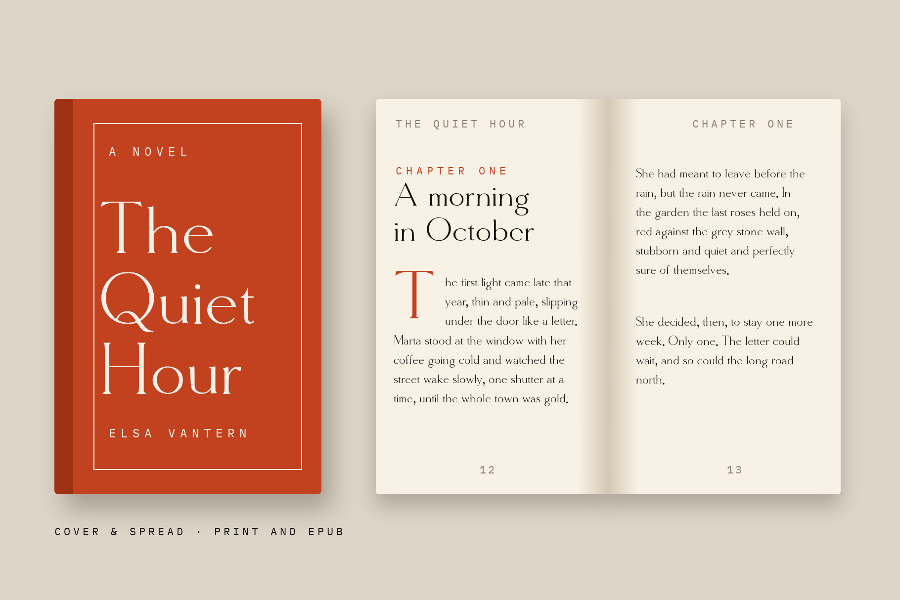 Molar Forge on a red novel cover The Quiet Hour next to an open book spread with a drop cap