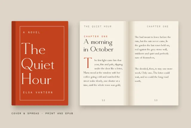 Molar Forge on a red novel cover The Quiet Hour next to an open book spread with a drop cap
