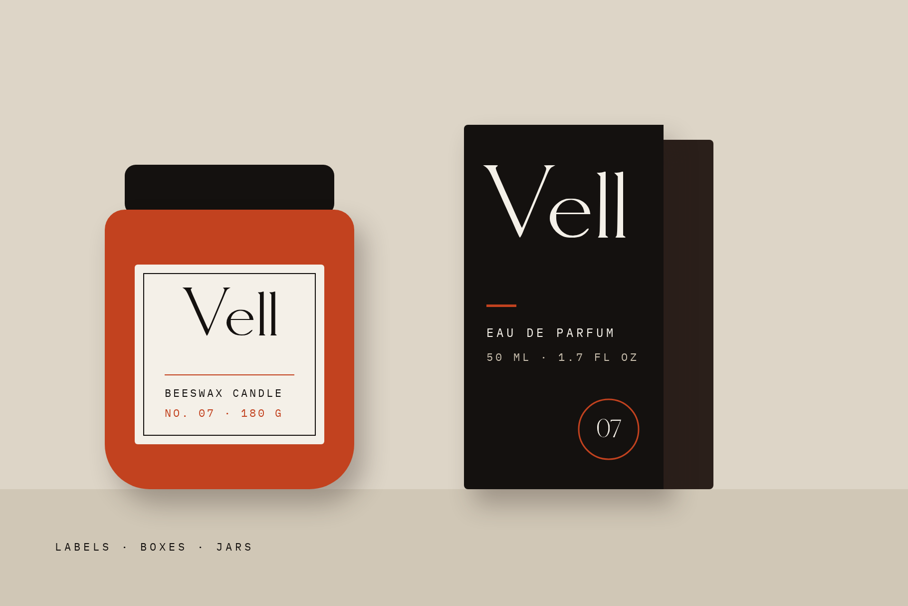 Molar Forge on a beeswax candle jar label and a black eau de parfum box with the name Vell