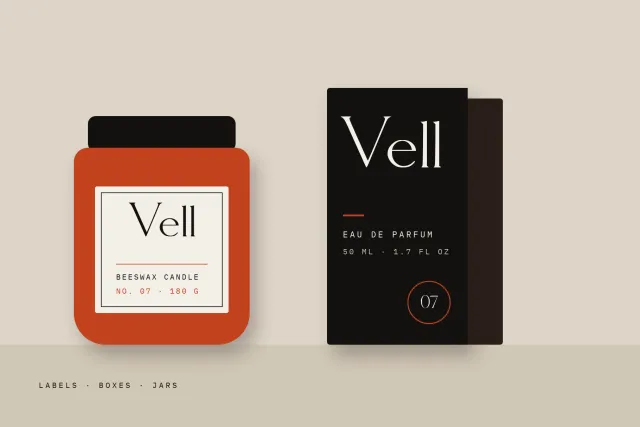 Molar Forge on a beeswax candle jar label and a black eau de parfum box with the name Vell