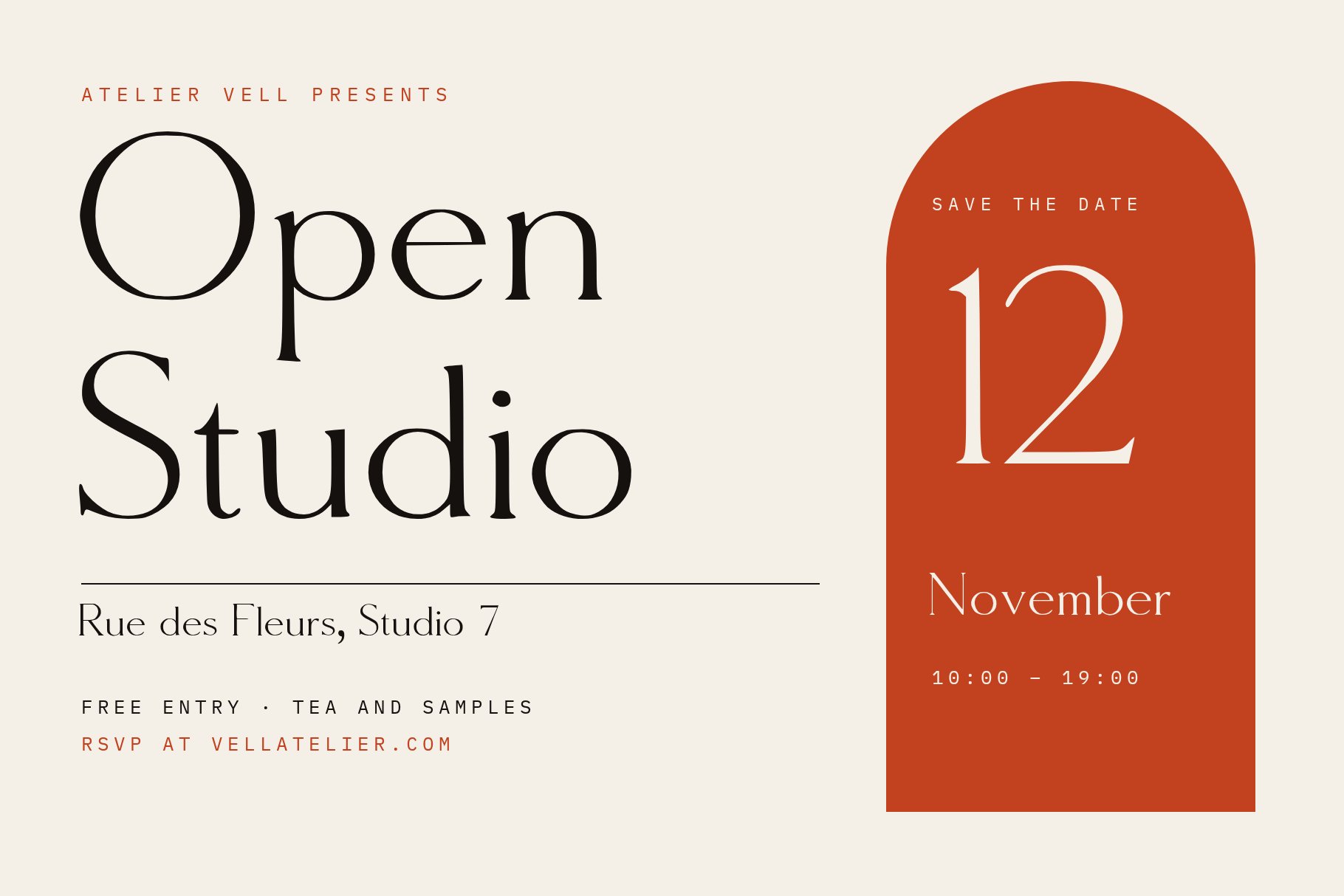 Molar Forge event poster Open Studio with a red arch panel showing the date 12 November
