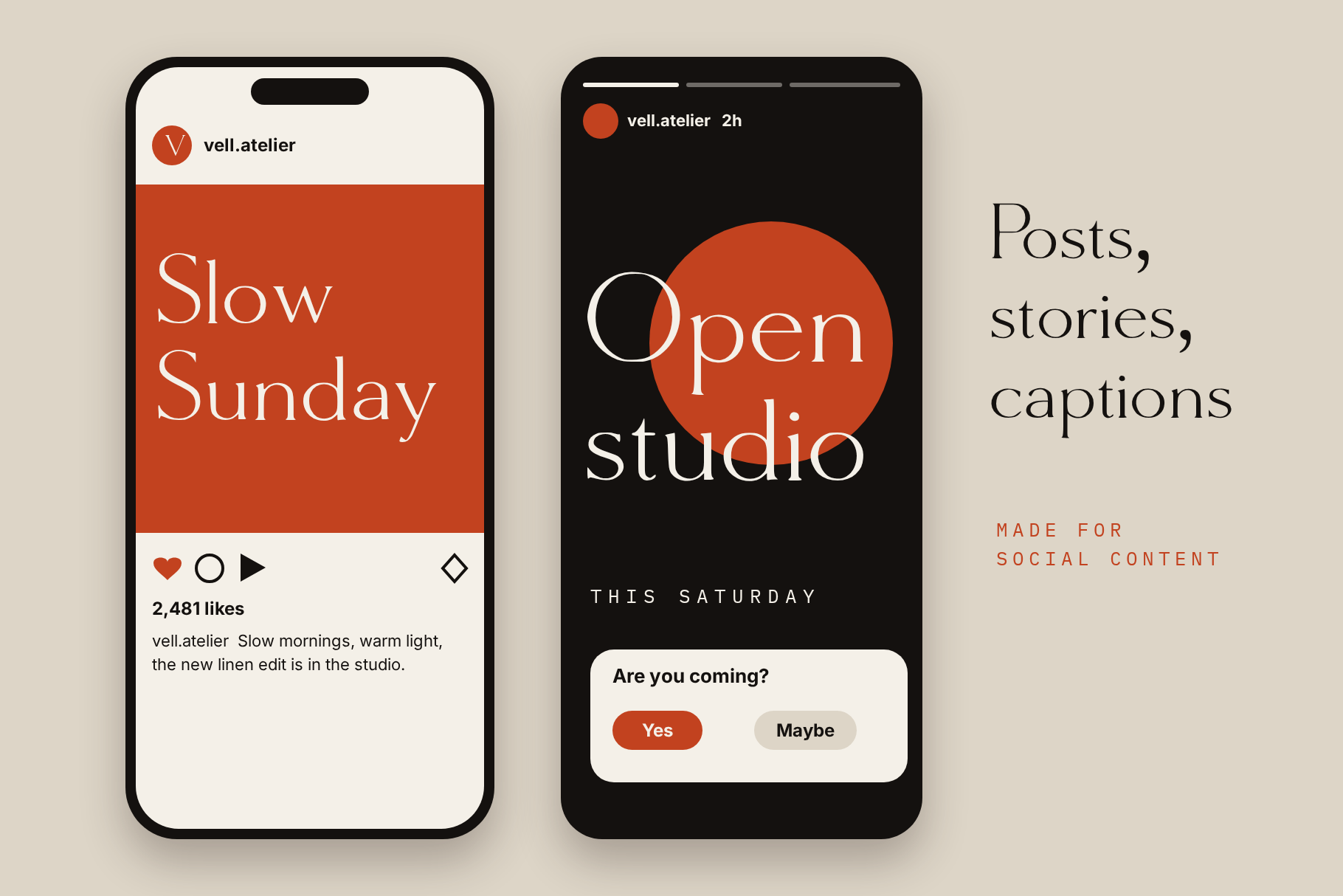 Molar Forge in a social post and a story reading Slow Sunday and Open studio on two phones