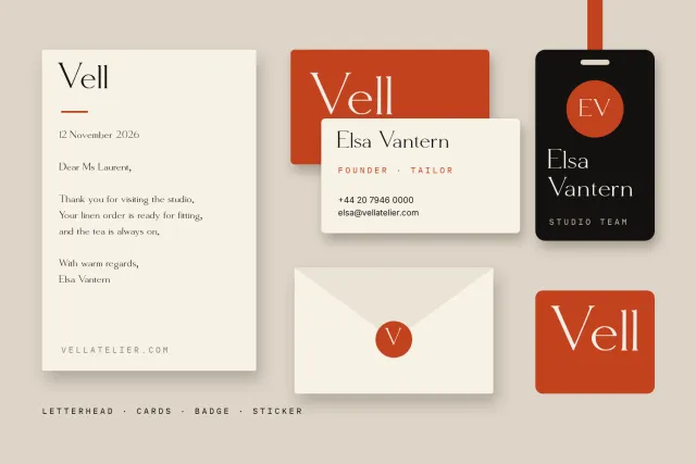 Molar Forge brand identity set with letterhead, business cards, staff badge, envelope and sticker