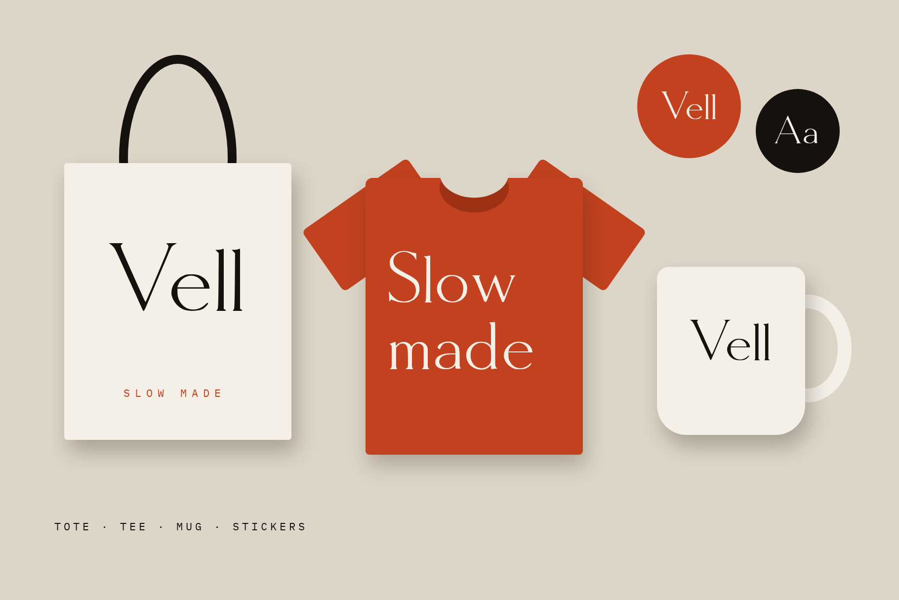 Molar Forge merch mockup with Vell on a tote bag and mug and Slow made on a red T-shirt