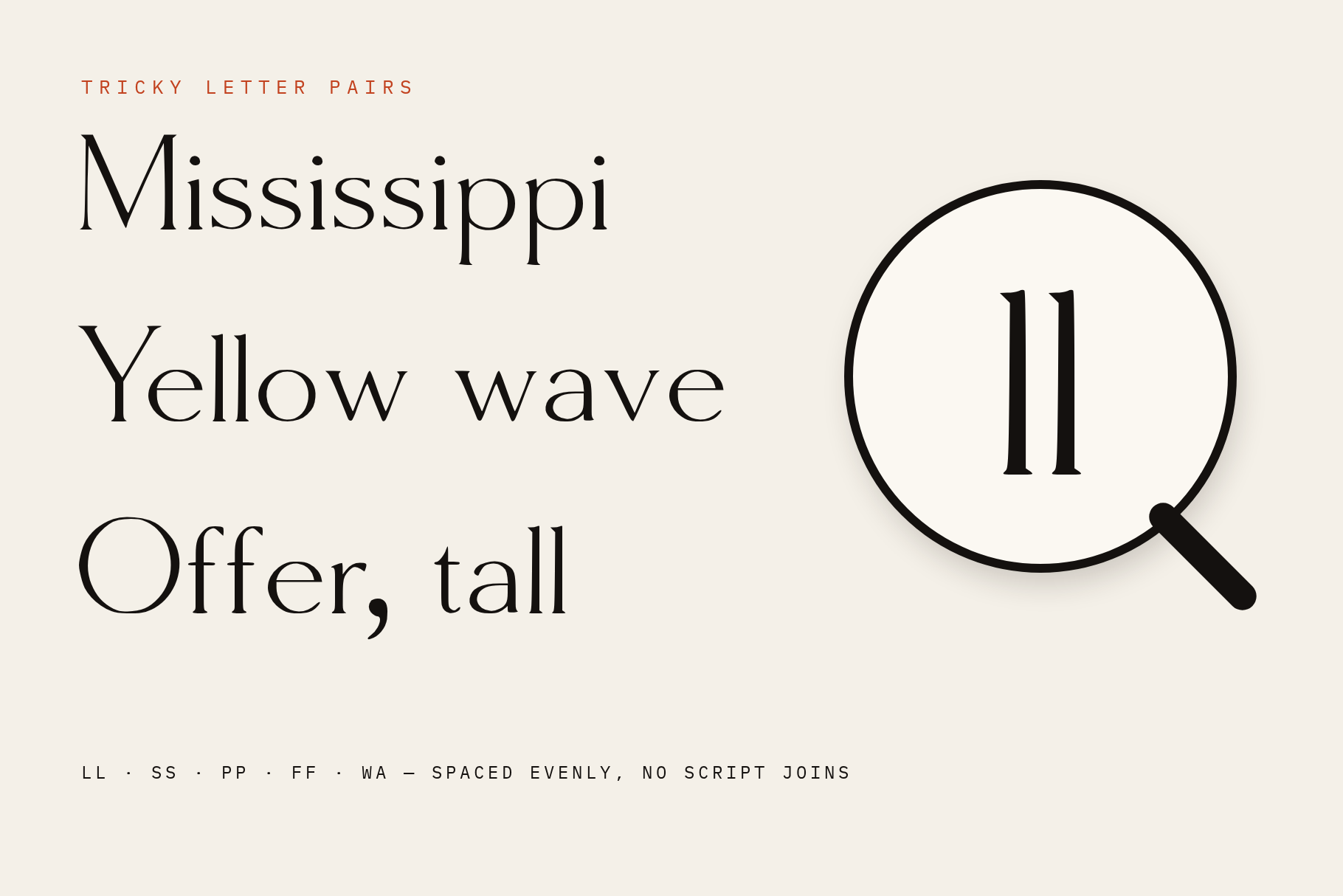 Molar Forge letter pair test with Mississippi, Yellow wave and Offer, tall plus a magnified ll