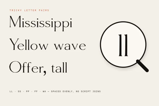 Molar Forge letter pair test with Mississippi, Yellow wave and Offer, tall plus a magnified ll