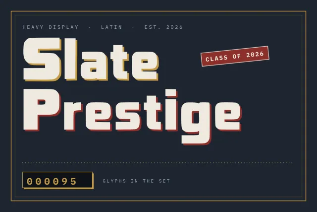 Slate Prestige cover on navy with cream heavy square letters, a red Class of 2026 tag and a glyph counter in a gold box