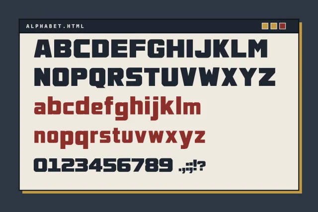 Slate Prestige alphabet in a browser window: dark capitals, red lowercase, figures and punctuation on cream