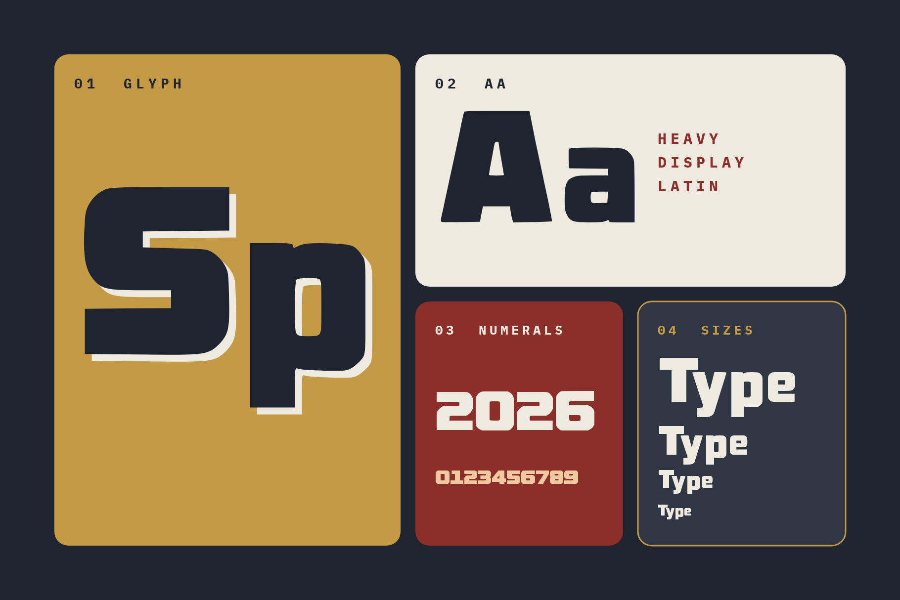 Slate Prestige bento grid with a large Sp pair, Aa sample, 2026 and figures on red, and Type at four sizes