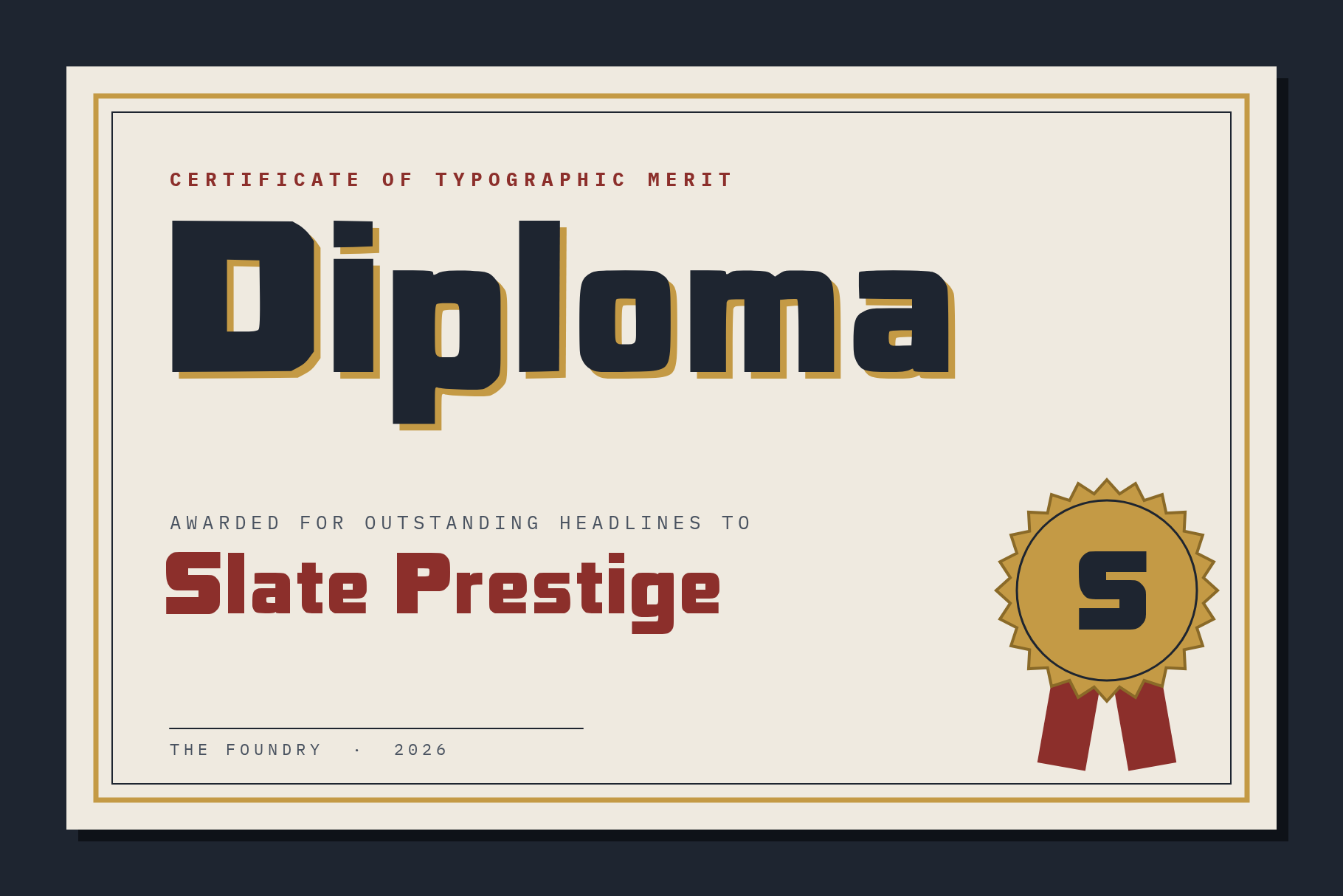 Slate Prestige set on a cream certificate with the word Diploma, a red name line and a gold rosette seal