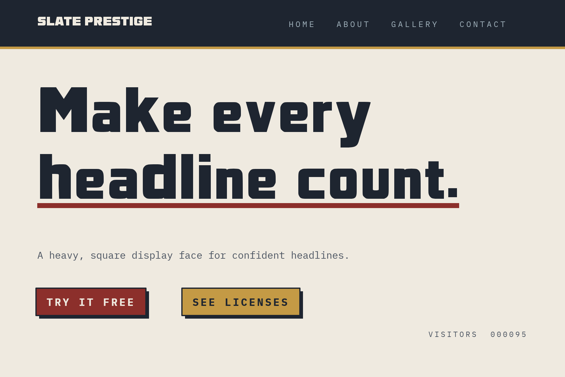 Slate Prestige website hero reading Make every headline count with red and gold buttons and a navy top bar
