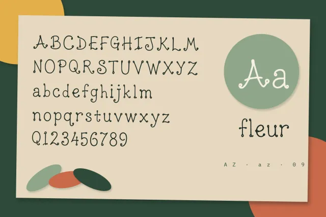 Posh Scribble full alphabet and figures on a kraft sheet with a sage Aa circle and the word fleur