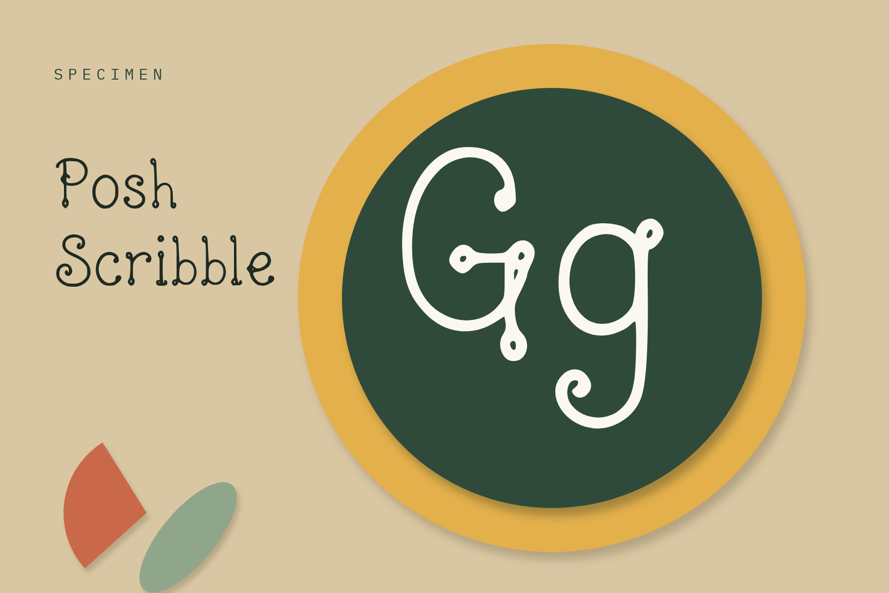 Posh Scribble giant Gg in white on a dark green circle with a mustard ring beside the font name